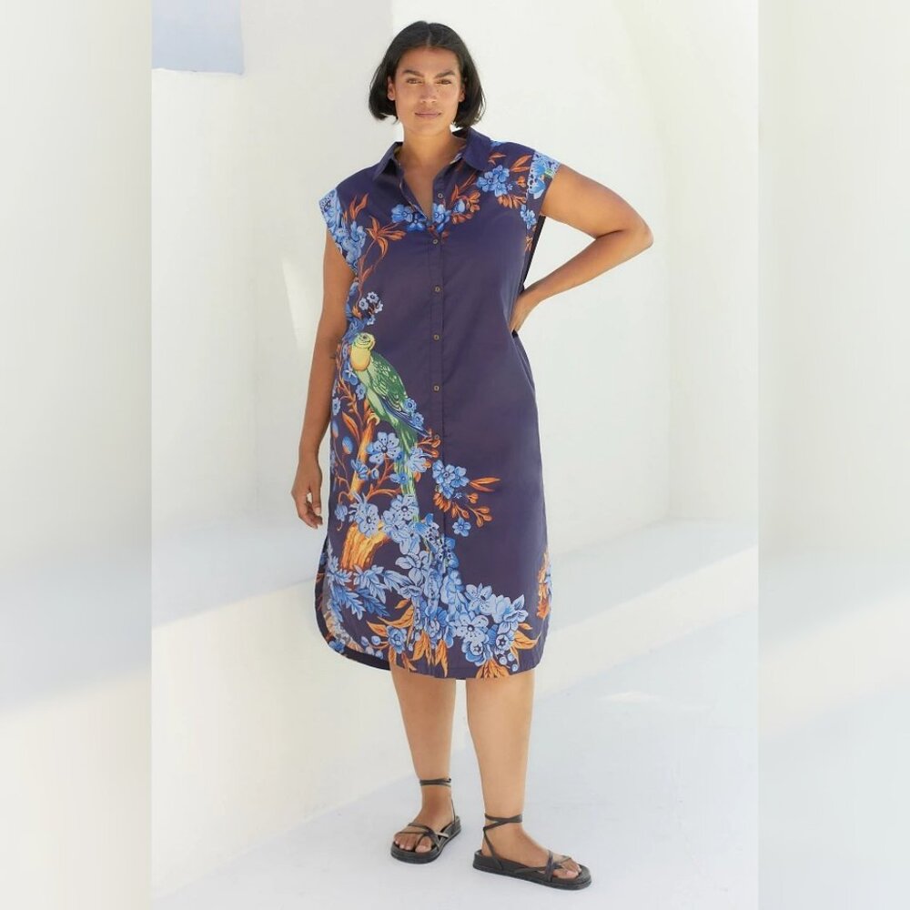 Anthropologie Navy Floral & Parrot Midi Shirt Dress